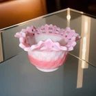 Fenton Basket Weave Pink Slag Glass Candy Dish with Scalloped Open Lace Edge