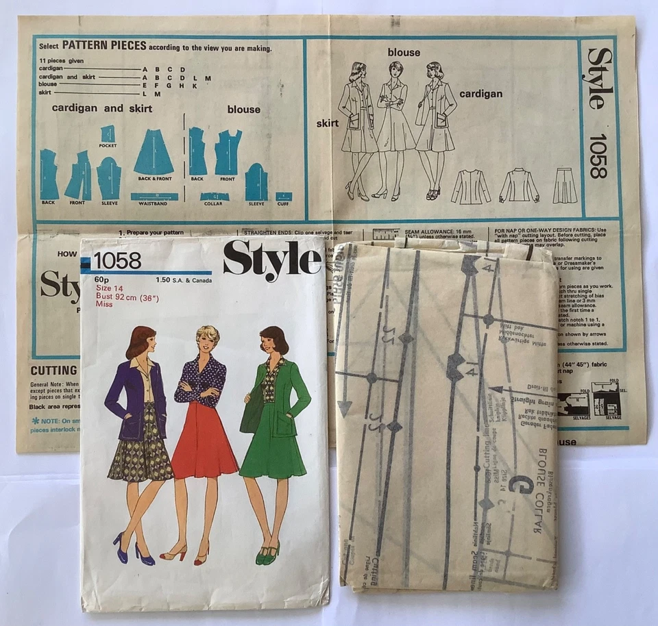 Style 1058 Sewing Pattern UNCUT 70s Lined Cardigan Jacket, Blouse, Skirt - 14 - Image 3 of 3