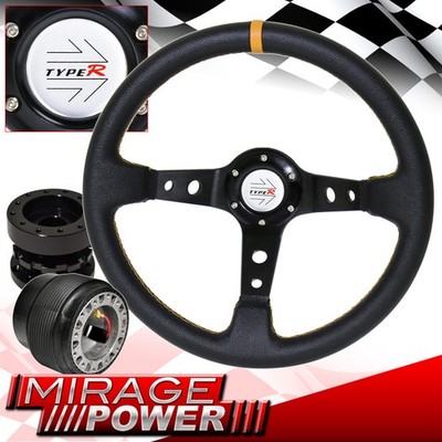 For 00-05 Eclipse + Black Steering Wheel Yellow Stitch Type R Horn + Extender
