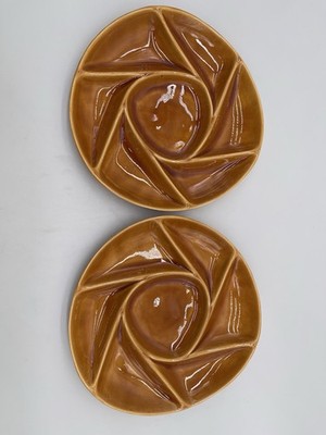 2  Vtg MCM Longchamp France Divided FONDUE PLATES Ceramic TOPAZ Amber Marked