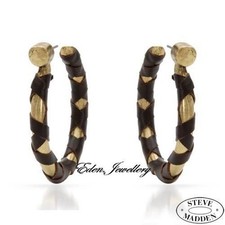 STEVE MADDEN Dazzling Brand New Hoops Earrings Yellow Base Metal Brown Leather
