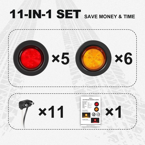 2 Inch Round LED Trailer Lights, 11PCS Amber and Red Marker Light RED - Picture 4 of 6
