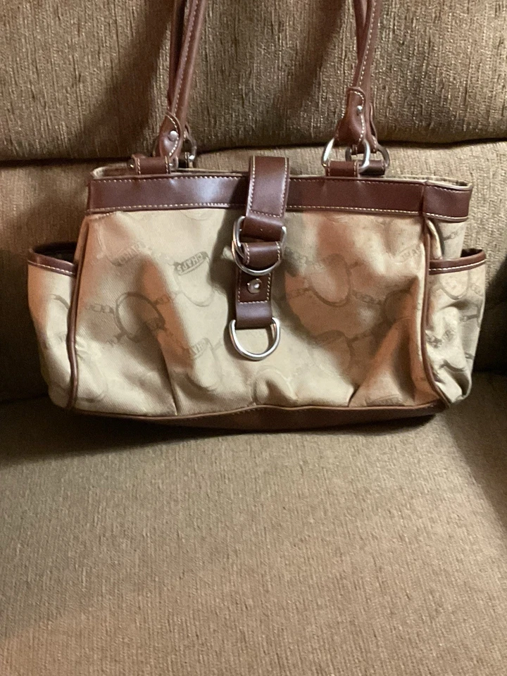 Cartera vintage con logotipo de lona y cuero de 2 asas 14x8 pulgadas Foto 2 de 4