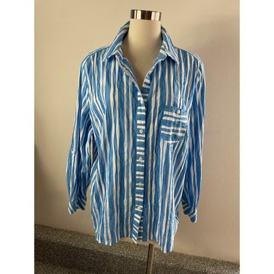 Foxcroft NYC Womens Plus 20W Blue White Striped Button Up Shirt Crinkled Blouse