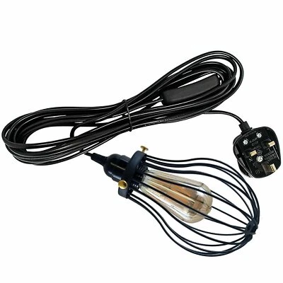 DC TRANSFORMER 4M PVC Flex Cable E27 Bulb Holder UK Plug In Pendant Lamp Light Set with Cage
