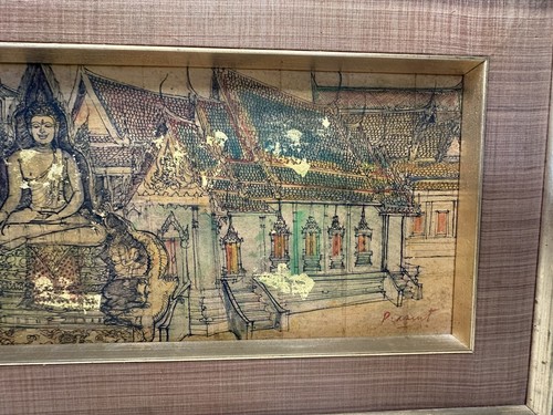 Vintage Framed Buddhist Temple Artwork Gold Leaf Paper Handmade 27” - 第 6/14 張圖片
