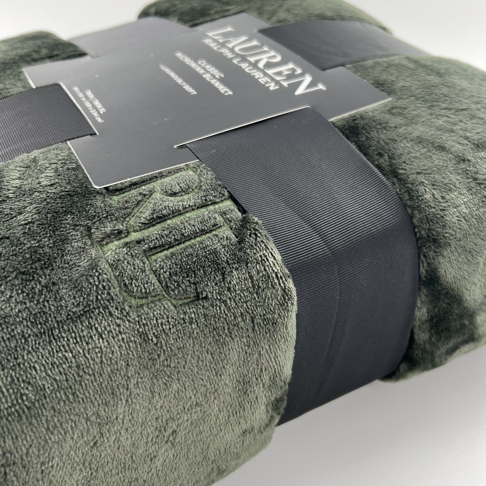 Ralph Lauren Classic Dark Green Micromink Plush Blanket Twin XL Throw