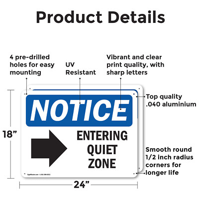(2 Pack) Entering Quiet Zone [Right Arrow] OSHA Notice Sign Decal Metal Plastic