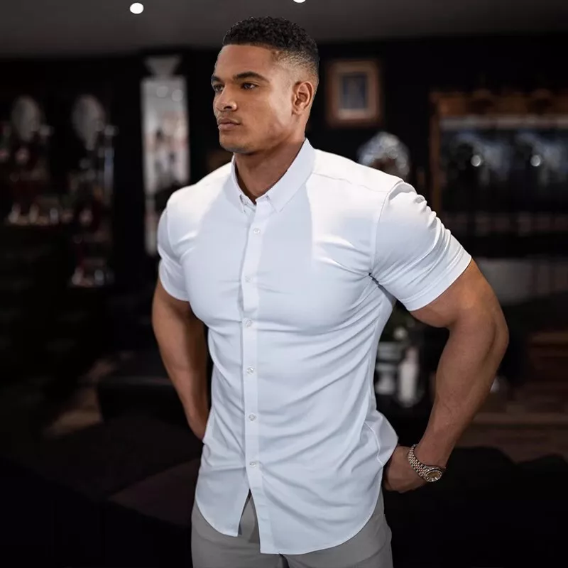 new muscle men short sleeves tand-up collar shirt elastic thin style dress  shirt