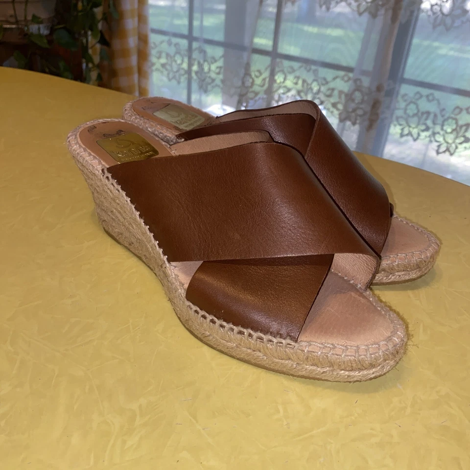 KANNA BROWN LEATHER JUTE WEDGE HEELS SLIDES CRISS CROSS STRAP SIZE 8 - Image 2 of 4