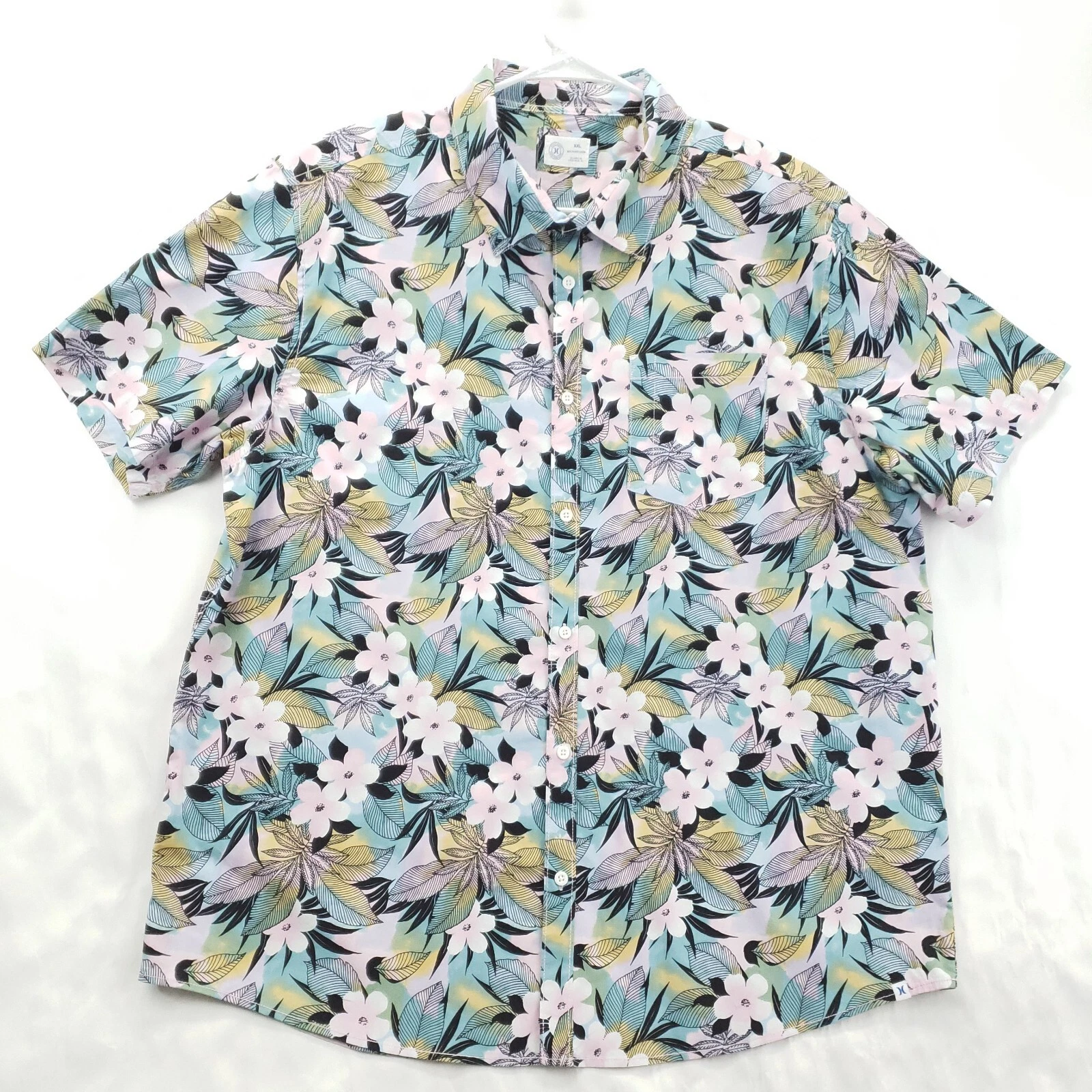 Hurley Shirt Mens 2XL Blue Pink Floral Hawaiian Stretch Short Sleeve Button-Up