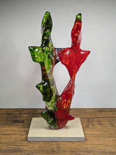 8¾" Glass Art Deco Sculpture w/ Base, Hand Crafted Abstract, Green Red Purple - Picture 2 of 19
