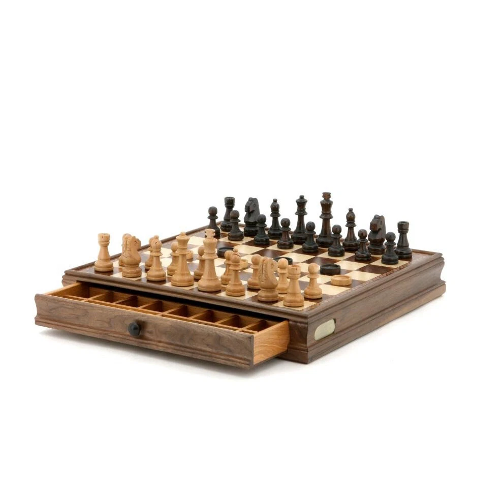 Dal Rossi Italy 15" Walnut Chess & Checkers Set with Drawer – Ivory Brown Pieces