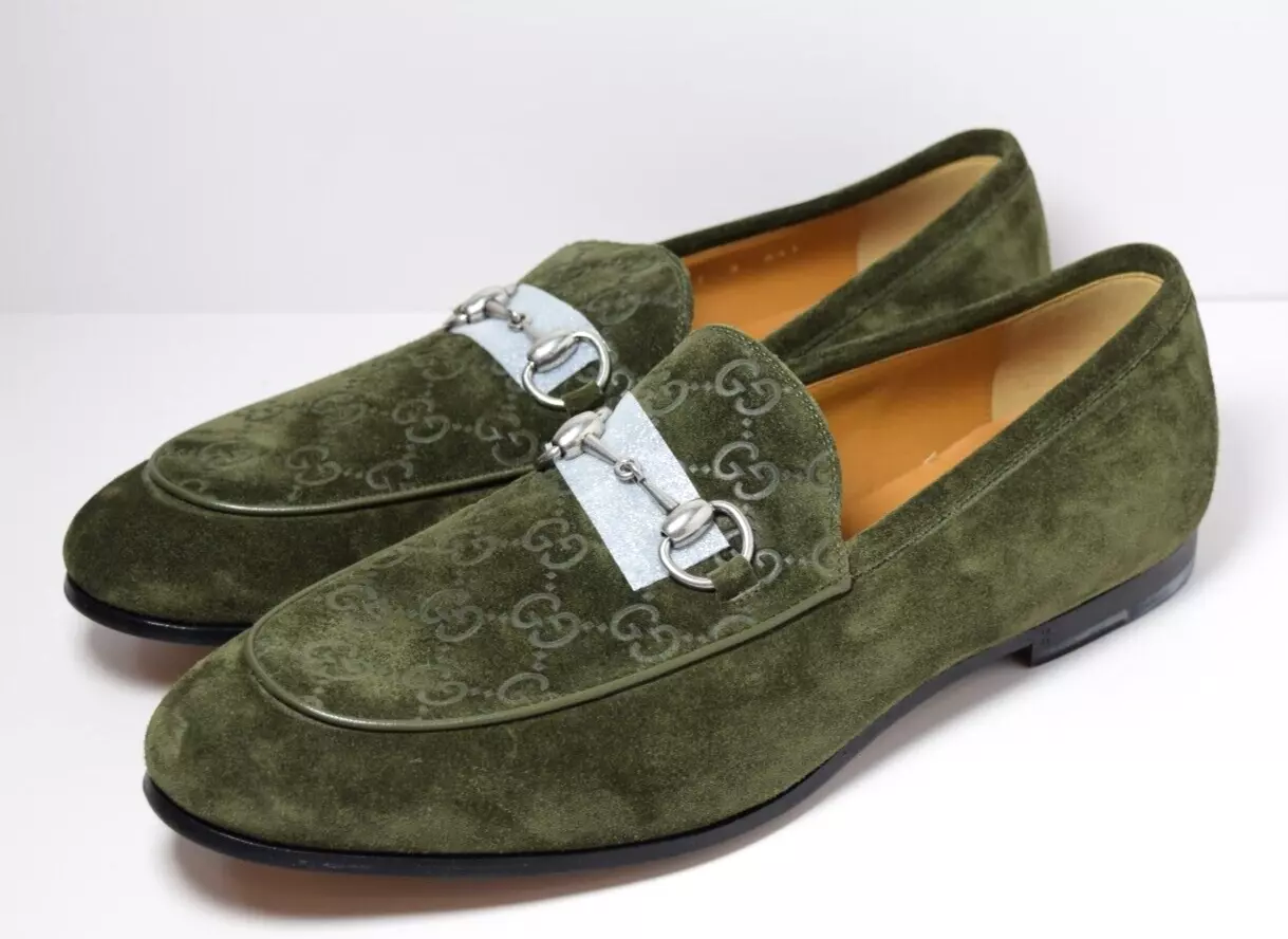 Mocassins homme GUCCI vert olive Jordy Guccissima daim argent Horsebit taille 41