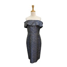 Rickie Freeman by Teri Jon Metallic Stripe Off The Shoulder Blue Dress Size 12