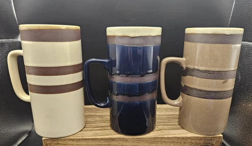 Set of 3 Vintage Mid Century Modern Stoneware Pottery Mugs JAPAN