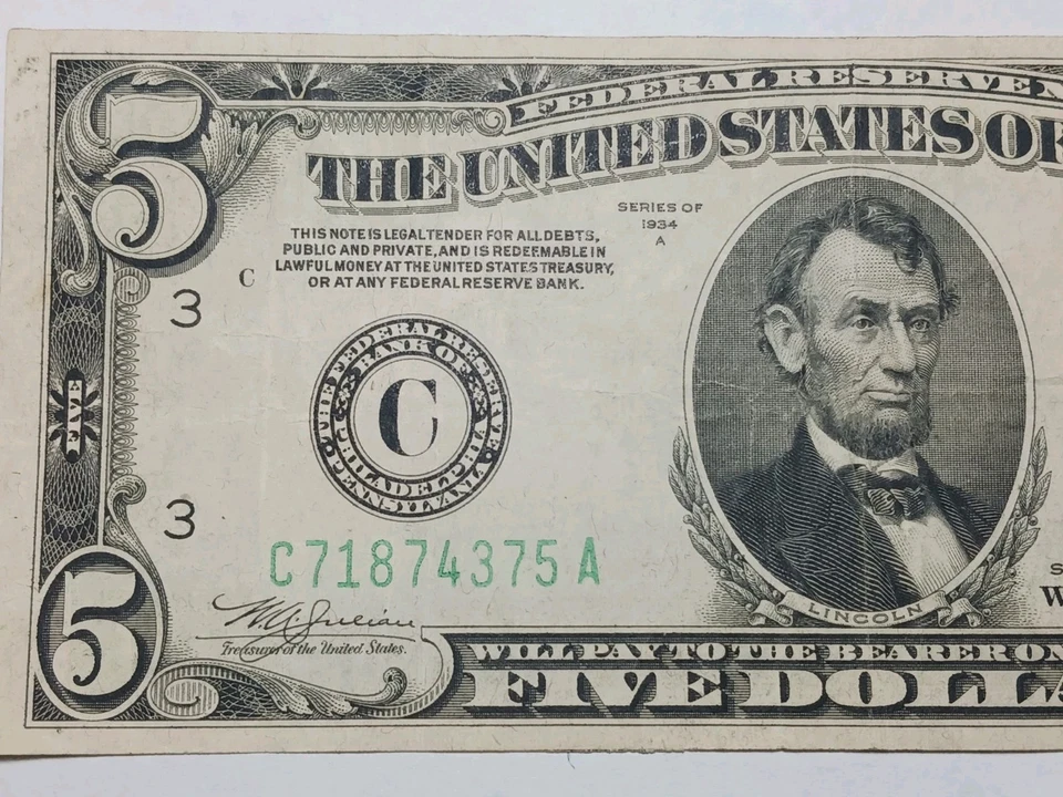 1934 A Green Seal $5.00 Dollar  Federal Reserve Note FRN Philadelphia Nice - Image 3 of 4
