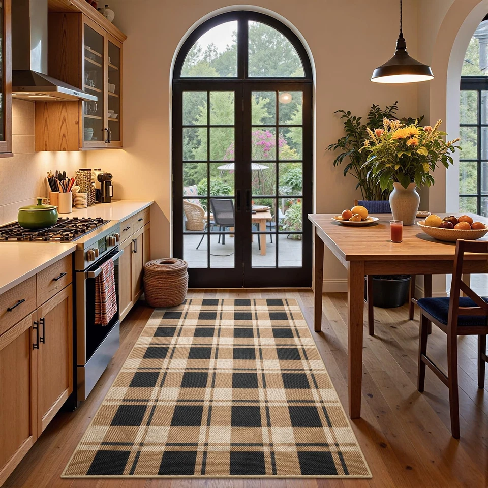 Alfombra de patio exterior de yute a cuadros 3x5, alfombras a cuadros negras y marrones para interior L... Foto 3 de 4