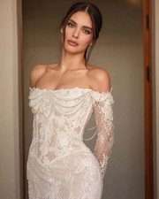 Full Lace White Wedding Dresses Off Shoulder Long Sleeved with Pearl Bridal Gown