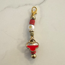 Red White Gold Heart Charm Key Chain Beaded Metal Detachable Lobster Clasp Women