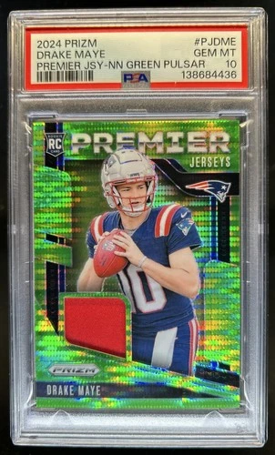 2024 Panini Prizm Drake Maye Premier Jerseys RC Neon Green Pulsar #PJ-DME PSA 10