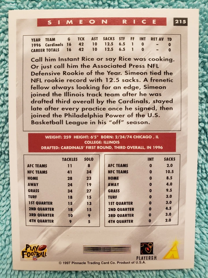 1997 SCORE SIMEON RICE #215 ARIZONA CARDINALS  - Image 4 of 4