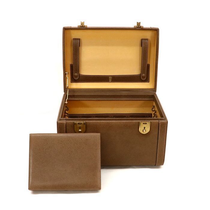Gucci Vintage Brown Leather Vanity Bag Gold Tone Metal