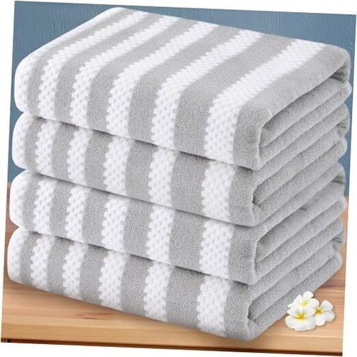 Waffle Bath Towels, 4PC 28" x 52" - 100% 4PC Bath Towel Set Grey + White Stripe