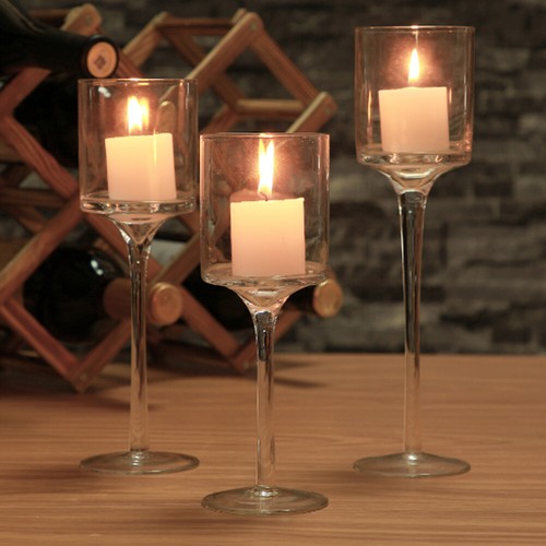 3 PCS Long Stem Wine Glass Shape Candlestick Candle Container Tea Light Holders - Picture 2 of 7