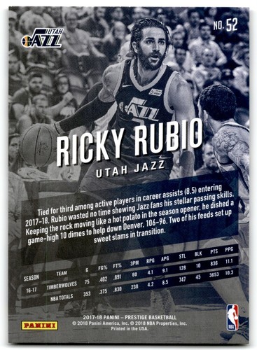 2018-19 Panini Threads Authentic Prime Ricky Rubio /10 Utah Jazz #52 - Photo 2 sur 2