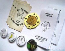 Cache Long Prosper Geocaching Package - 2" Geomedal Geocoin, Buttons, more