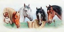 Tile Mural Dog and four horses C. Reichert Bathroom Backsplash Marble Ceramic