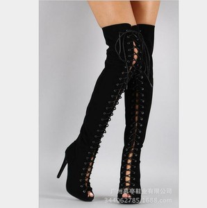 thigh high open toe lace up boots