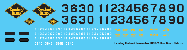 HO Scale - Reading Locomotive GP35 Yellow Green Scheme Decals