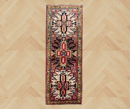 VINTAGE KAZAK RUG, HAND MADE HALLWAY CAUCASIAN WOOL CARPET (9FT X 3FT) CLEAN
