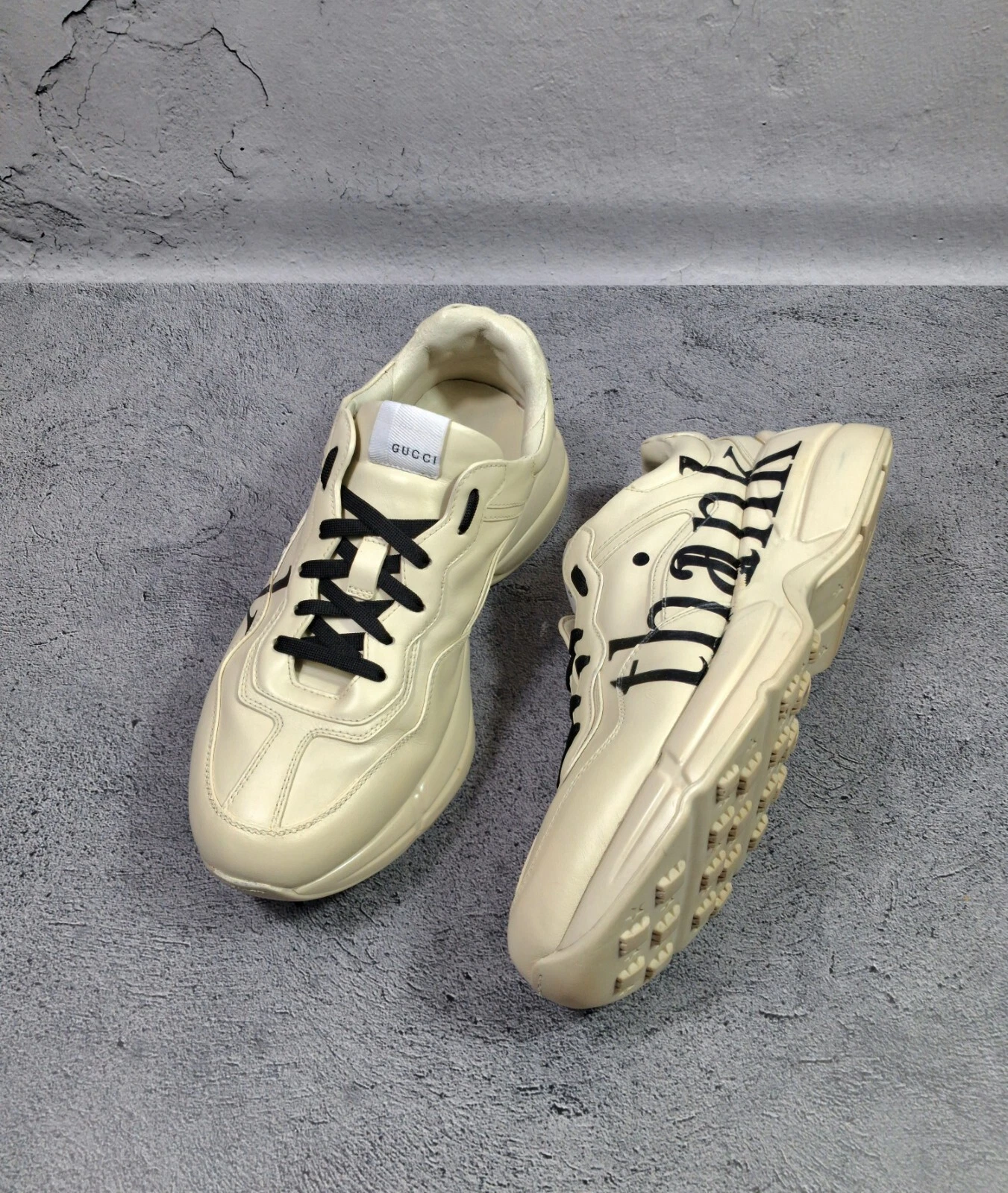 Baskets en cuir 44EU/10US Gucci Rhyton homme blanc imprimé « think/thank » chaussures
