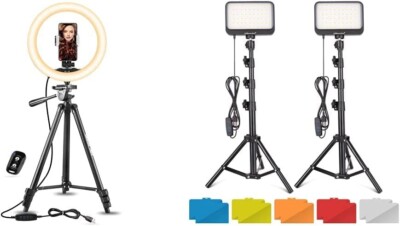 10'' Selfie Ring + 2Pc LED Video Light Kit Dimmable Portable Photography 3 Tripod