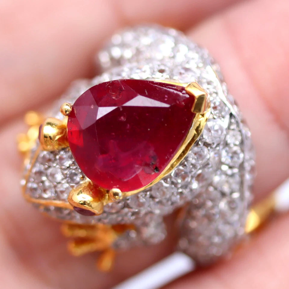 Piedras preciosas 10 x 13 mm. Anillo de plata 925 con rubí rojo y circón blanco rana para hombre talla 7,5 Foto 2 de 4