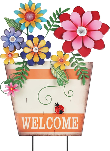Garden Decor for Outside, Metal Flower Pot Decorative Garden Stakes with Flowers