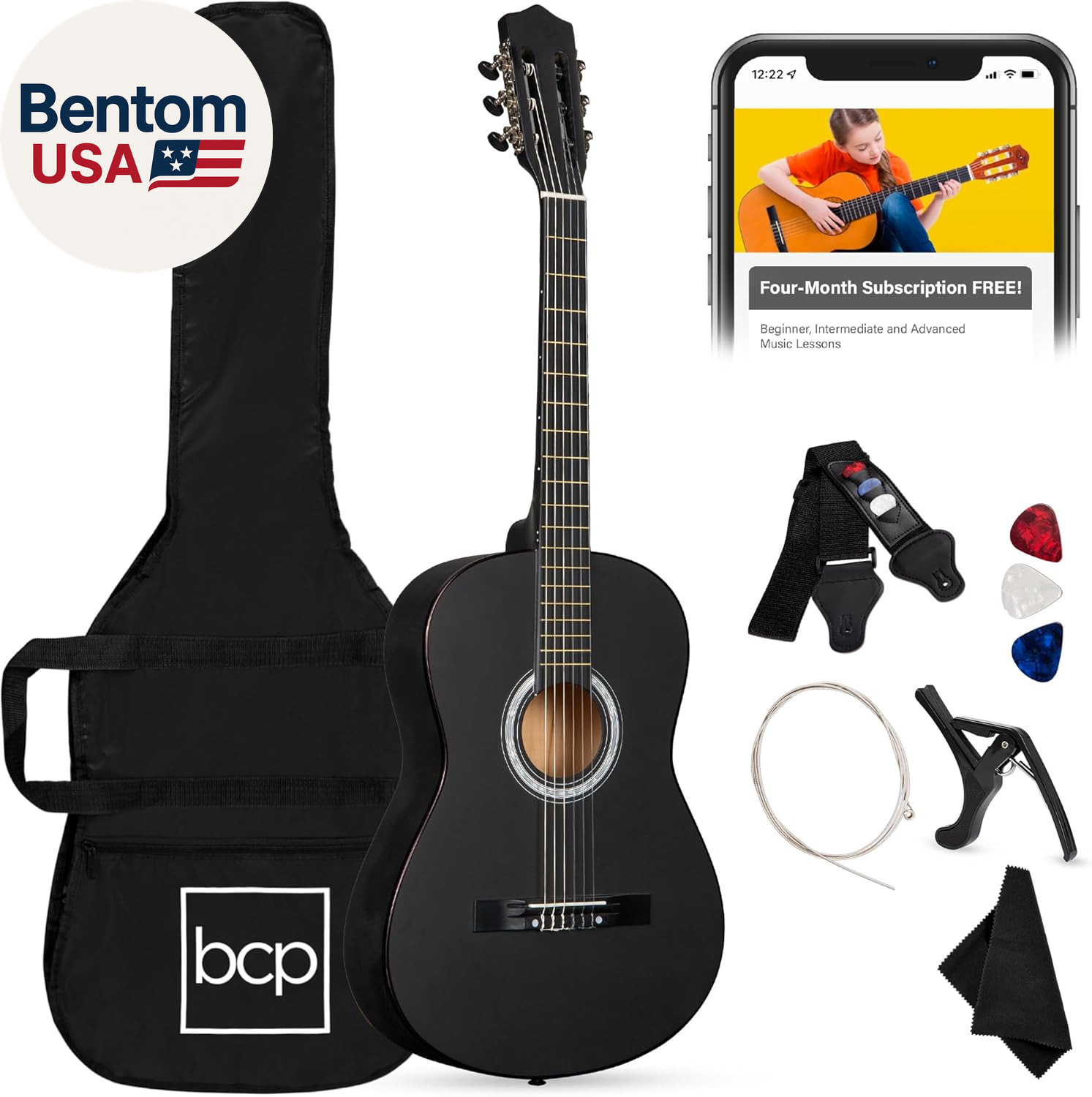 38In Beginner All Wood Acoustic Guitar Starter Kit W/Gig Bag, 6 Picks, Nylon Str