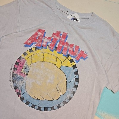 VTG Arthur Fist Meme T-Shirt 2001 Marc Brown Size L PBS Kids Cartoon Fist Gray