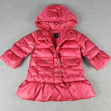Baby Gap Puffer Jacket Toddler 12-18M Pink Down Filled Quilted Ruffle Hem Hooded