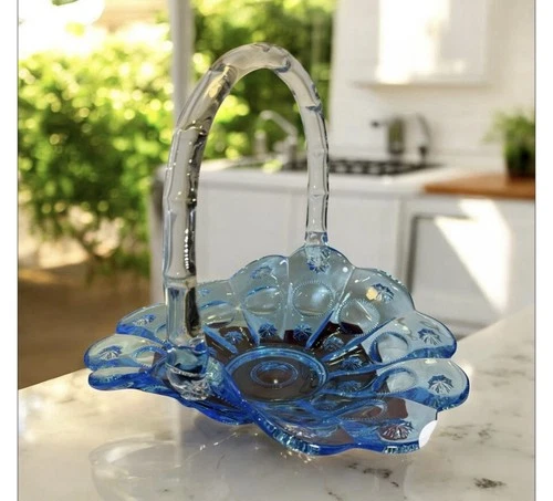 1950s Blown Glass Fenton Teal Blue Priscilla Flower Basket.