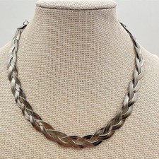 Vintage 80s Silver Tone Braided Herringbone Chain Choker Statement Women Jewelry