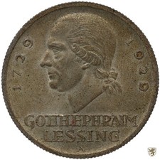 WEIMARER REPUBLIK 3 Reichsmark 1929 A Gotthard Ephraim Lessing vorzüglich - stgl
