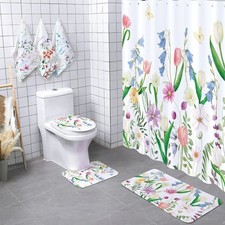 7 Pcs Flower Shower Curtain Set with Non-Slip Mats Towels Toilet Mat Decor