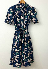 Suzannah London Blue Geometric Silk Button-Front Belted Lined Midi 8