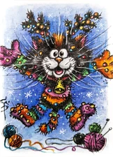 ACEO White Cat Painting Deer Christmas Knitted Costume Watercolor Original Art