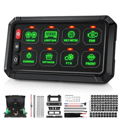 Green 8 Gang Switch Panel Multifunction 3 Silicone Button Momentary Strobe On-Of