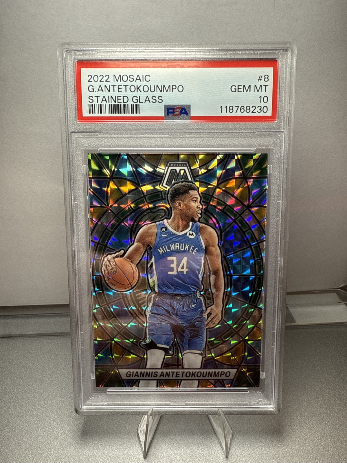 2022 Panini Mosaic Case Hit Giannis Antetokounmpo STAINED GLASS🔥PSA 10 Bucks